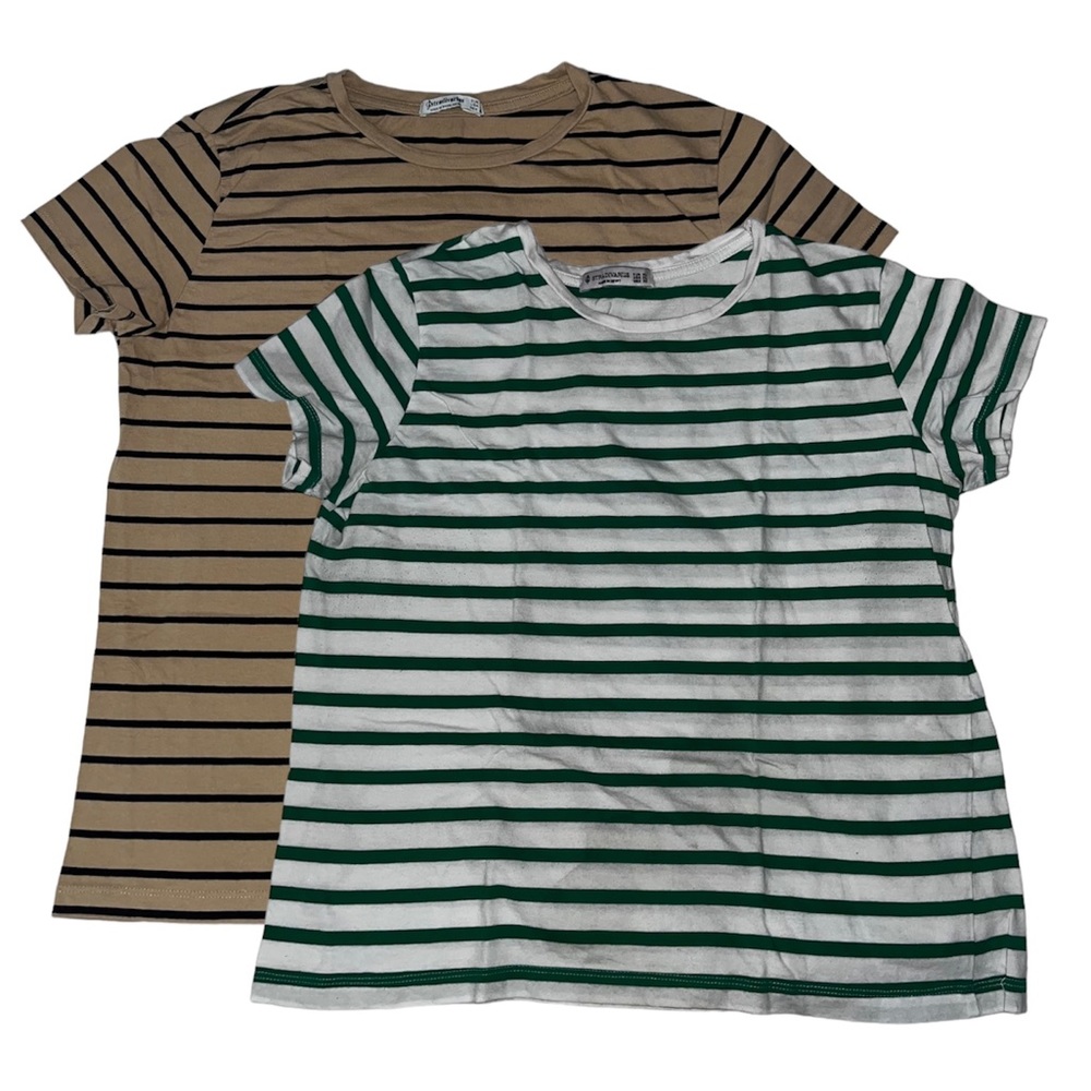 Stradivarius Striped Neck Plain Shirt - Bundle of 2 - XL